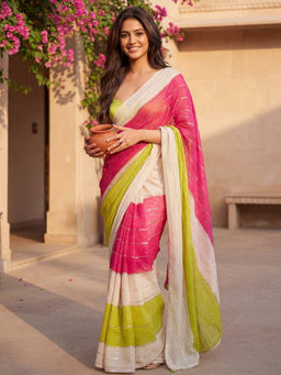Akhilam - Women Pink Georgette Embellished Saree with Unstitched Blouse