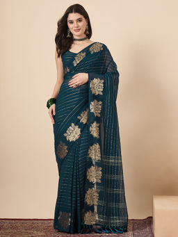 Sareemall - Teal Georgette Woven Tassels Saree With Unstitched Blouse