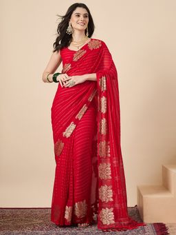 Sareemall - Red Georgette Woven Tassels Saree With Unstitched Blouse