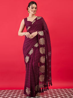 Sareemall - Burgundy Georgette Woven Tassels Saree With Unstitched Blouse