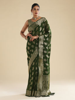 Sareemall - Green Georgette Woven Saree With Unstitched Blouse