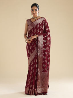 Sareemall - Maroon Georgette Woven Saree With Unstitched Blouse