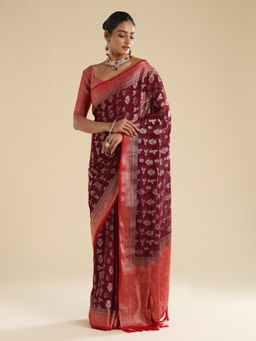 Sareemall - Maroon Georgette Woven Tassels Saree With Unstitched Blouse