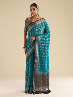 Sareemall - Blue Georgette Woven Tassels Saree With Unstitched Blouse