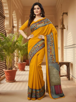 Akhilam - Women Yellow Silk Abstract Saree with Unstitched Blouse