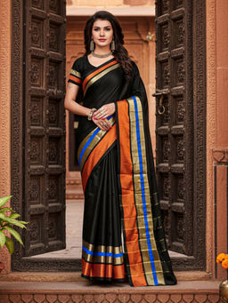 Akhilam - Women Black Cotton Silk Woven Saree with Unstitched Blouse