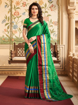 Akhilam - Women Green Cotton Silk Woven Saree with Unstitched Blouse