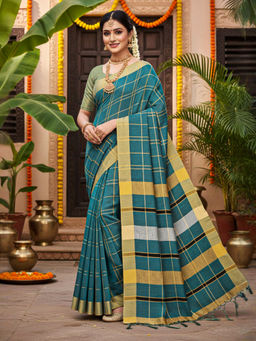 Akhilam - Women Teal Linen Woven Saree with Unstitched Blouse
