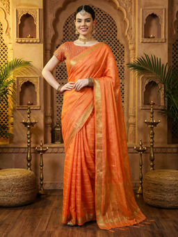 Akhilam - Women Orange Satin Woven Saree with Unstitched Blouse