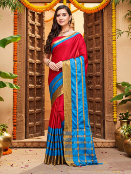 Akhilam - Women Red Cotton Silk Woven Saree with Unstitched Blouse