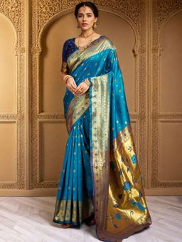 Odette - Blue Silk Blend Woven Pithani Saree With Unstitched Blouse