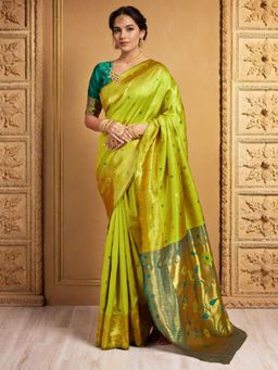 Odette - Lime Green Silk Blend Woven Pithani Saree With Unstitched Blouse