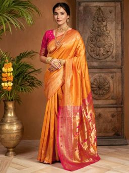 Odette - Orange Silk Blend Woven Pithani Saree With Unstitched Blouse