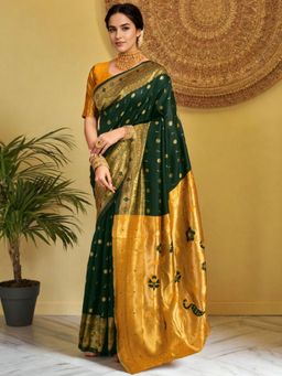Odette - Dark Green Silk Blend Woven Pithani Saree With Unstitched Blouse