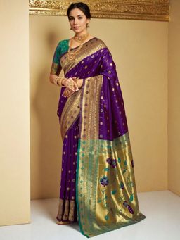 Odette - Deep Purple Silk Blend Woven Pithani Saree With Unstitched Blouse