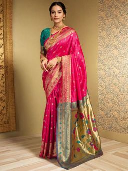 Odette - Pink Silk Blend Woven Pithani Saree With Unstitched Blouse