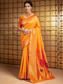 Odette - Mustard Silk Blend Woven Pithani Saree With Unstitched Blouse