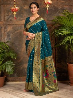 Odette - Deep Teal Green Silk Blend Woven Pithani Saree With Unstitched Blouse