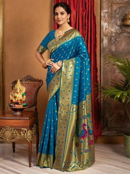 Odette - Blue Silk Blend Woven Pithani Saree With Unstitched Blouse