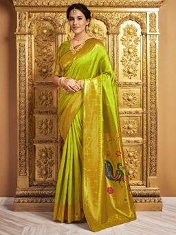 Odette - Lime Green Silk Blend Woven Pithani Saree With Unstitched Blouse