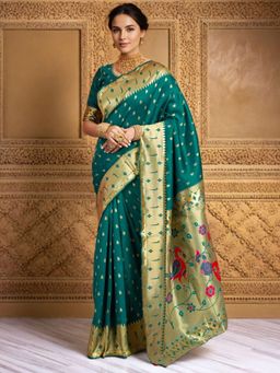 Odette - Deep Teal Green Silk Blend Woven Pithani Saree With Unstitched Blouse