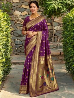 Odette - Dark Purple Silk Blend Woven Pithani Saree With Unstitched Blouse