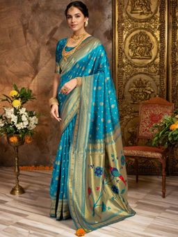 Odette - Sky Blue Silk Blend Woven Pithani Saree With Unstitched Blouse