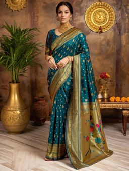 Odette - Teal Green Silk Blend Woven Pithani Saree With Unstitched Blouse