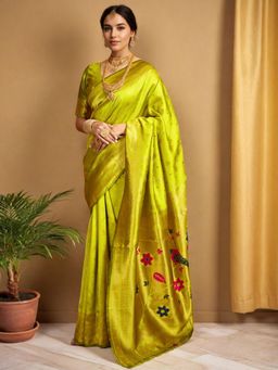 Odette - Lime Green Silk Blend Woven Pithani Saree With Unstitched Blouse