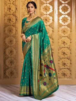 Odette - Teal Green Silk Blend Woven Pithani Saree With Unstitched Blouse