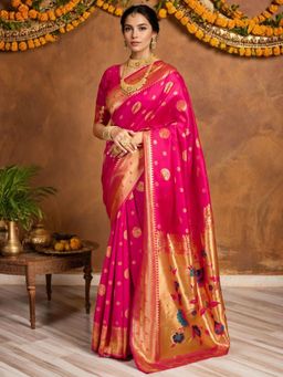 Odette - Dark Pink Silk Blend Woven Pithani Saree With Unstitched Blouse