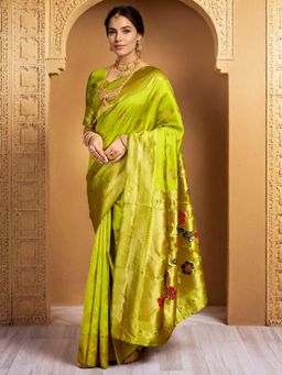 Odette - Lime Green Silk Blend Woven Pithani Saree With Unstitched Blouse