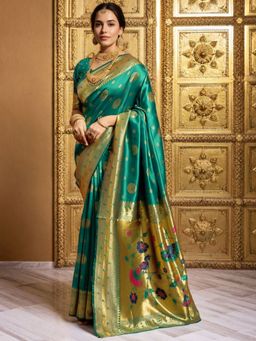 Odette - Teal Green Silk Blend Woven Pithani Saree With Unstitched Blouse