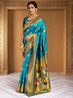 Odette - Sky Blue Silk Blend Woven Pithani Saree With Unstitched Blouse