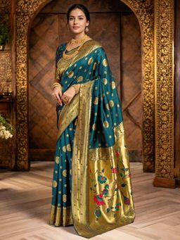 Odette - Deep Teal Blue Silk Blend Woven Pithani Saree With Unstitched Blouse