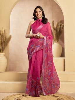 Odette - Pink Cotton Linen Saree With Unstitched Blouse