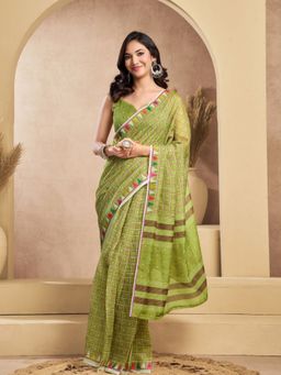 Odette - Olive Cotton Linen Saree With Unstitched Blouse