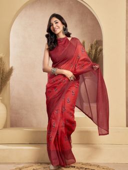 Odette - Maroon Cotton Linen Saree With Unstitched Blouse