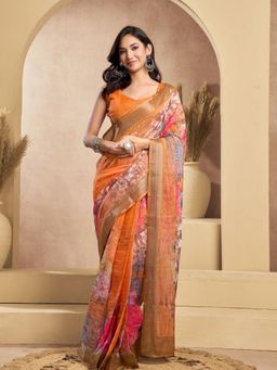 Odette - Orange Cotton Linen Saree With Unstitched Blouse