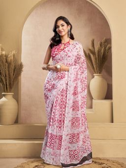 Odette - Pink And White Cotton Linen Saree With Unstitched Blouse