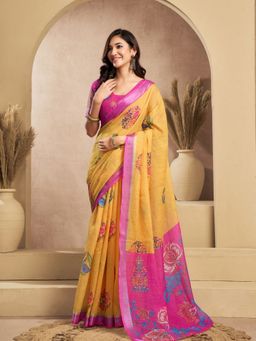 Odette - Orange Cotton Linen Saree With Unstitched Blouse