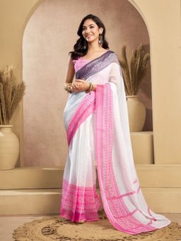 Odette - Multicolor Cotton Linen Saree With Unstitched Blouse