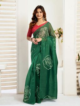 Odette - Dark Green Cotton Linen Saree With Unstitched Blouse