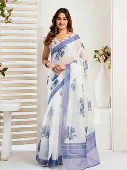 Odette - White And Blue Cotton Linen Saree With Unstitched Blouse