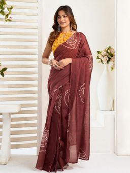 Odette - Brown Cotton Linen Saree With Unstitched Blouse