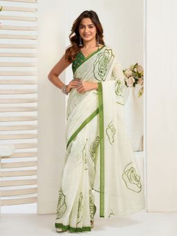 Odette - White Cotton Linen Saree With Unstitched Blouse