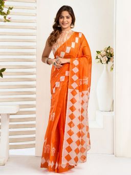Odette - Orange Cotton Linen Saree With Unstitched Blouse