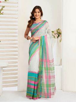 Odette - Multicolor Cotton Linen Saree With Unstitched Blouse