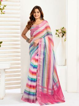 Odette - Multicolor Cotton Linen Saree With Unstitched Blouse