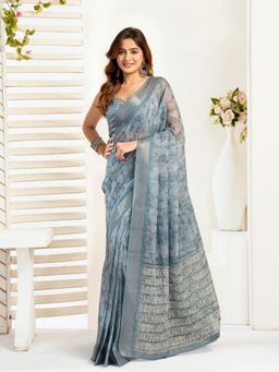 Odette - Grey Cotton Linen Saree With Unstitched Blouse